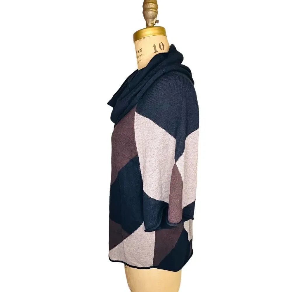 Style & Co Petite Geometric Black and Brown Cowl neck Poncho Sweater Small